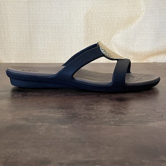 Crocs Womens Sanrah Sandal Sz 10 Brown Gold Hammered Teardrop Wedge Heel Slide - Picture 4 of 10